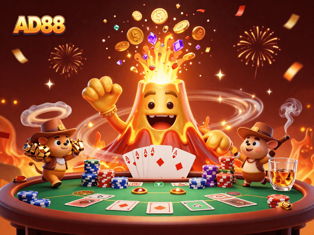 Win big at AD88 with a 3D animated eruption of treasures amidst casino gameplay elements in a thrilling scene.
