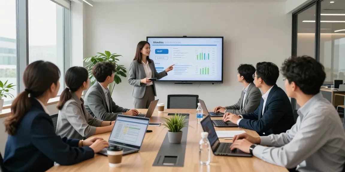 Team discussing business phone solutions in a modern corporate office, showcasing collaboration and technology for effective communication.