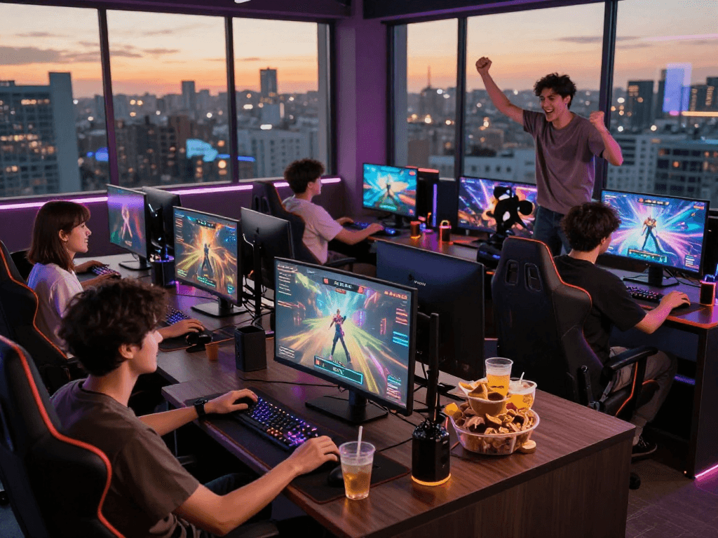 Players enjoying engaging sex games in a lively gaming lounge