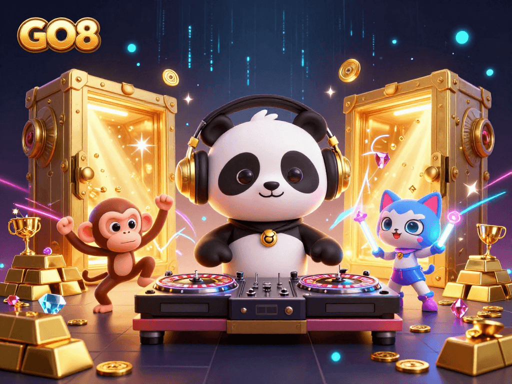 Experience the excitement of GO8 with 3D characters celebrating massive casino treasures.
