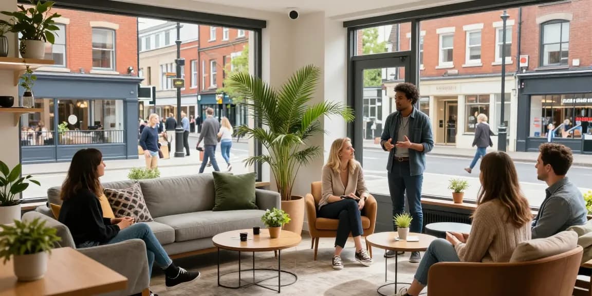 Airbnb management company Manchester showcasing stylish interiors and hosts engaging with guests in a vibrant atmosphere.