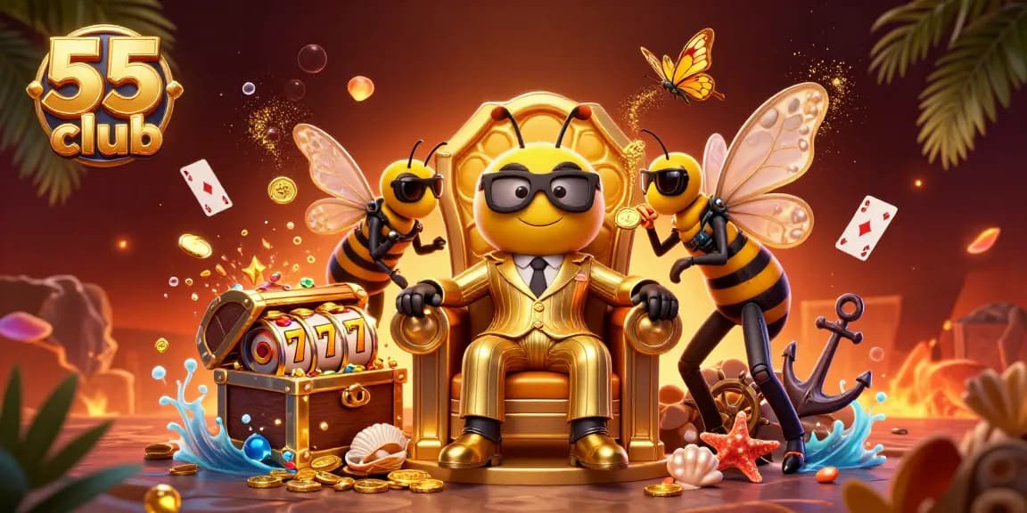 Engage with the 55 club's dynamic gaming experience featuring 3D casino characters and vibrant elements.