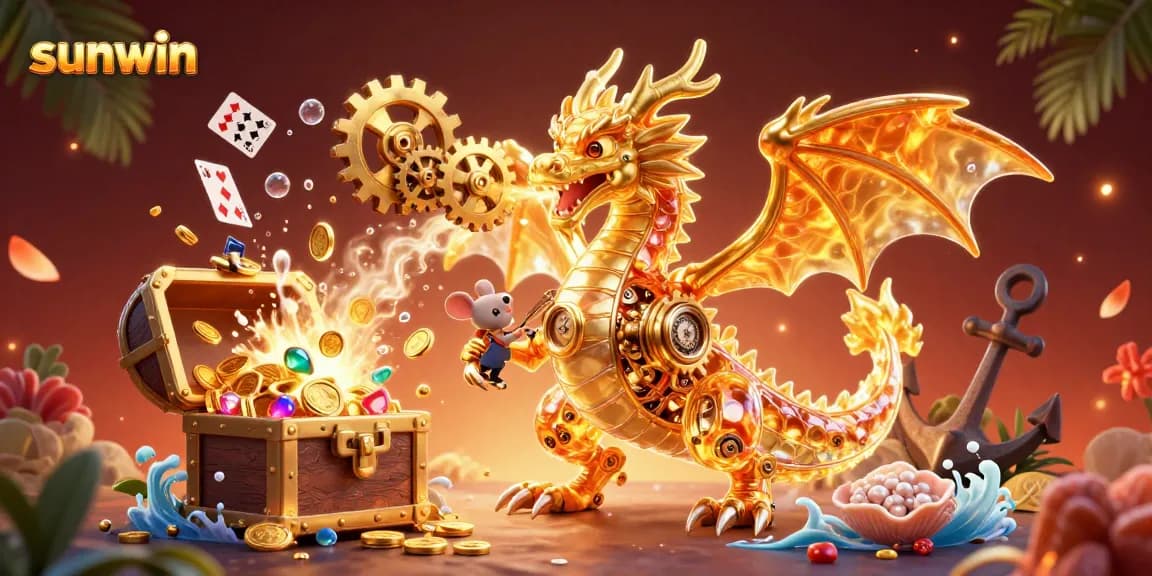 Experience the magic of sunwin with a golden dragon amidst vibrant treasures and playing cards.