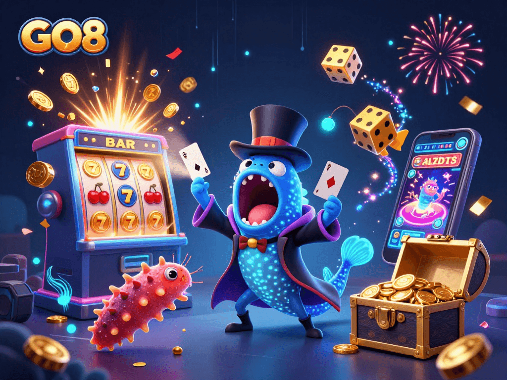 Go8 showcases an extraordinary underwater magic act with vibrant 3D characters in a lively casino scene.