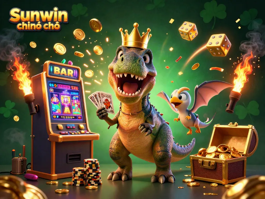 Experience the thrill of Sunwin chính chủ with dynamic characters and vibrant casino elements in this 3D illustration.