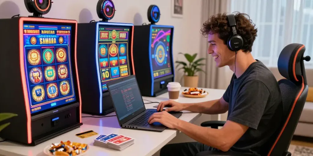 Engaging online casino experience with person playing at home on a laptop at casinos that accept credit card.
