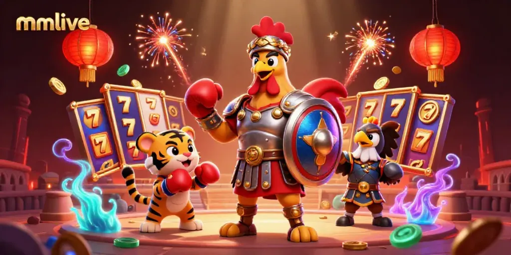 Engage with mmlive's thrilling slots and vibrant characters in this immersive gaming scene.