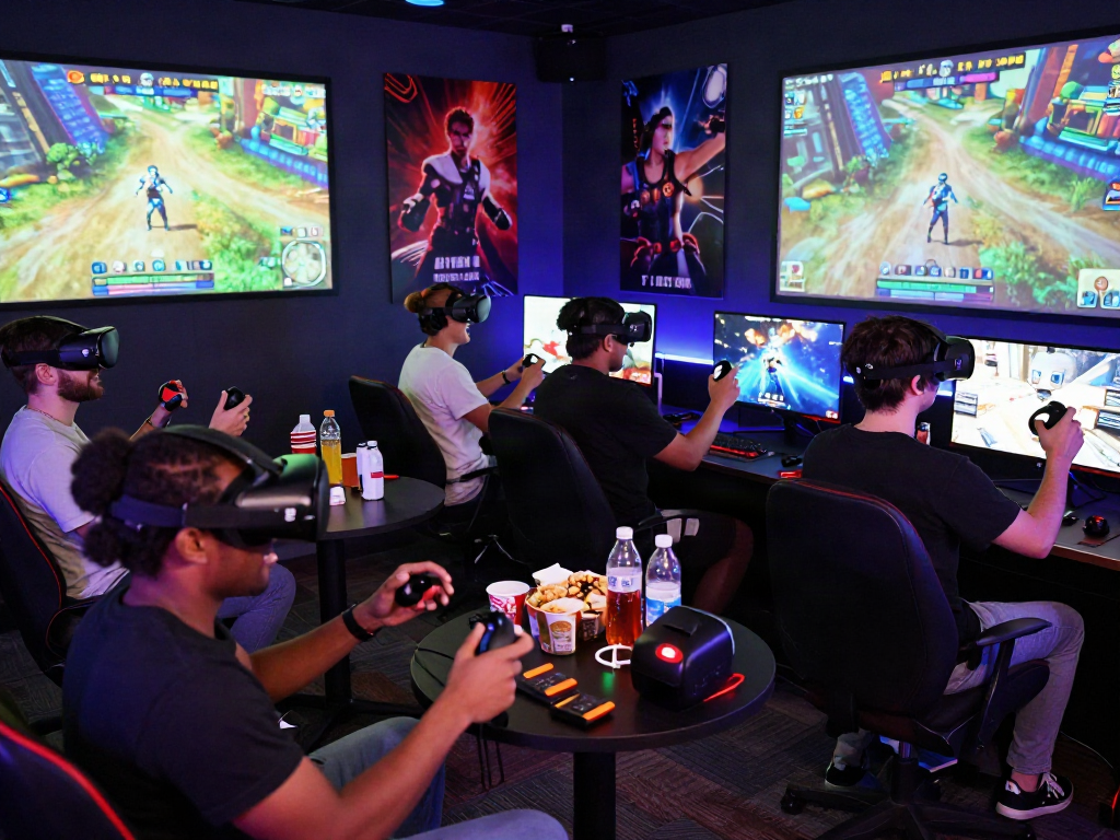 Engaged players in an interactive porngame experience in a vibrant gaming hub.