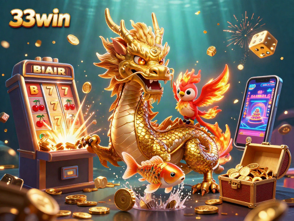 Experience the excitement of 33win with a vibrant, artistic casino scene bursting with action!