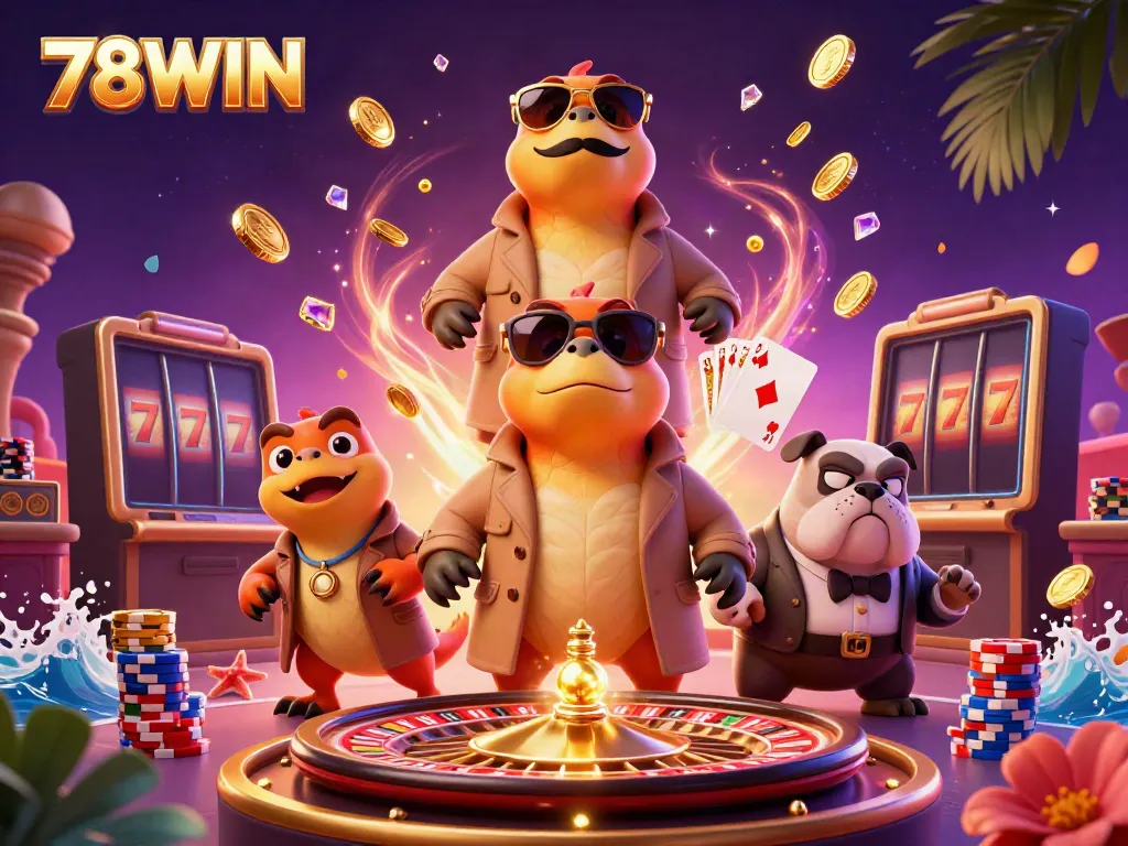 Experience the vibrant world of 78WIN with raptors in disguise, golden coins, and a lively casino atmosphere.