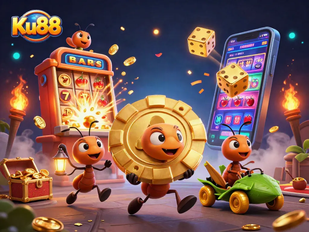 Engage with Ku88's thrilling gaming world carrying golden poker chips in a vibrant, dynamic scene.