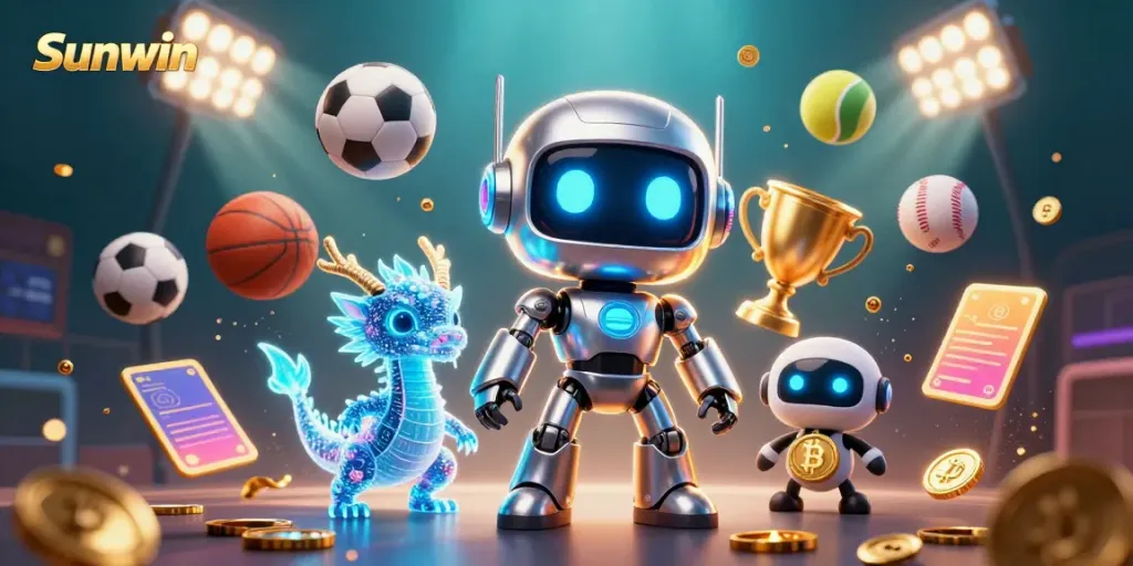 Engage in thrilling casino gaming with Sunwin's vibrant 3D illustration, featuring characters amidst dynamic sports elements.