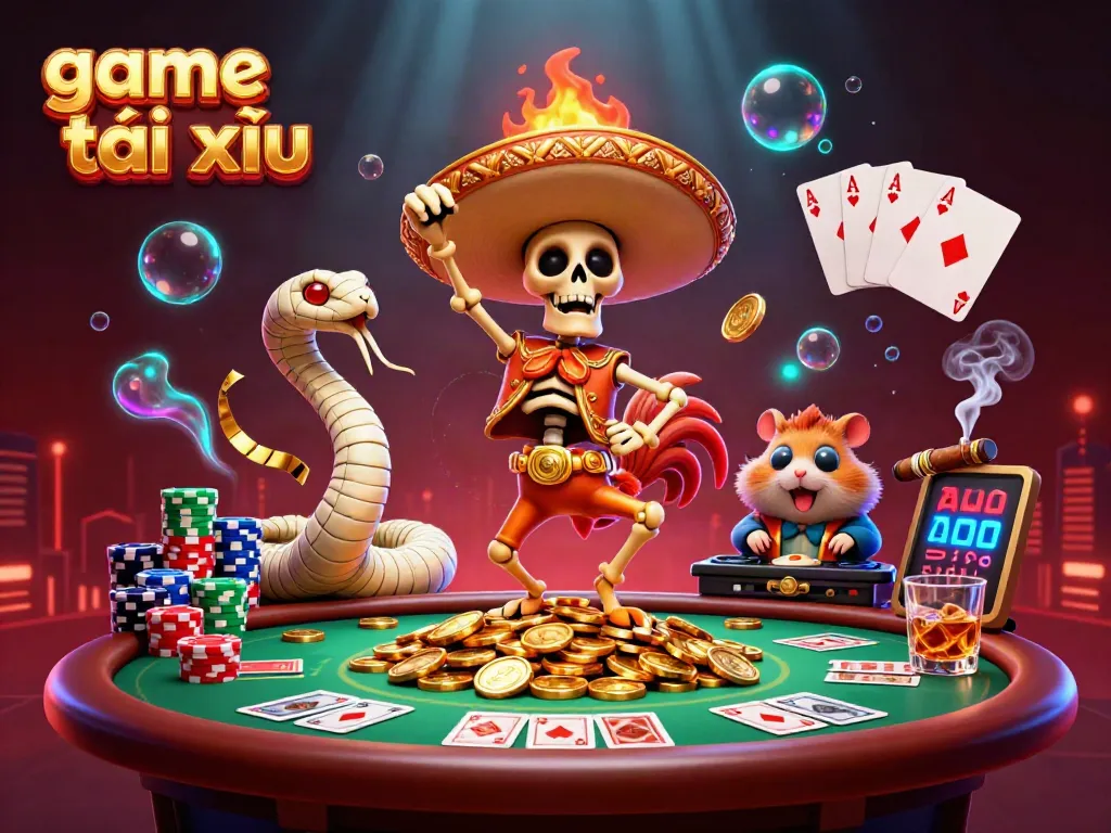 Experience the excitement of game tài xỉu with a lively 3D illustration featuring vibrant characters and casino elements.