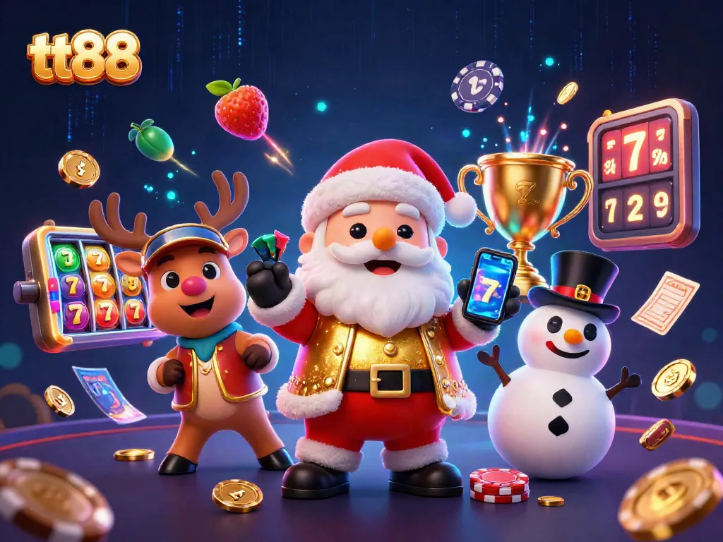tt88 presents a vibrant 3D carnival scene showcasing Santa and friends celebrating jackpot wins with slot reels.