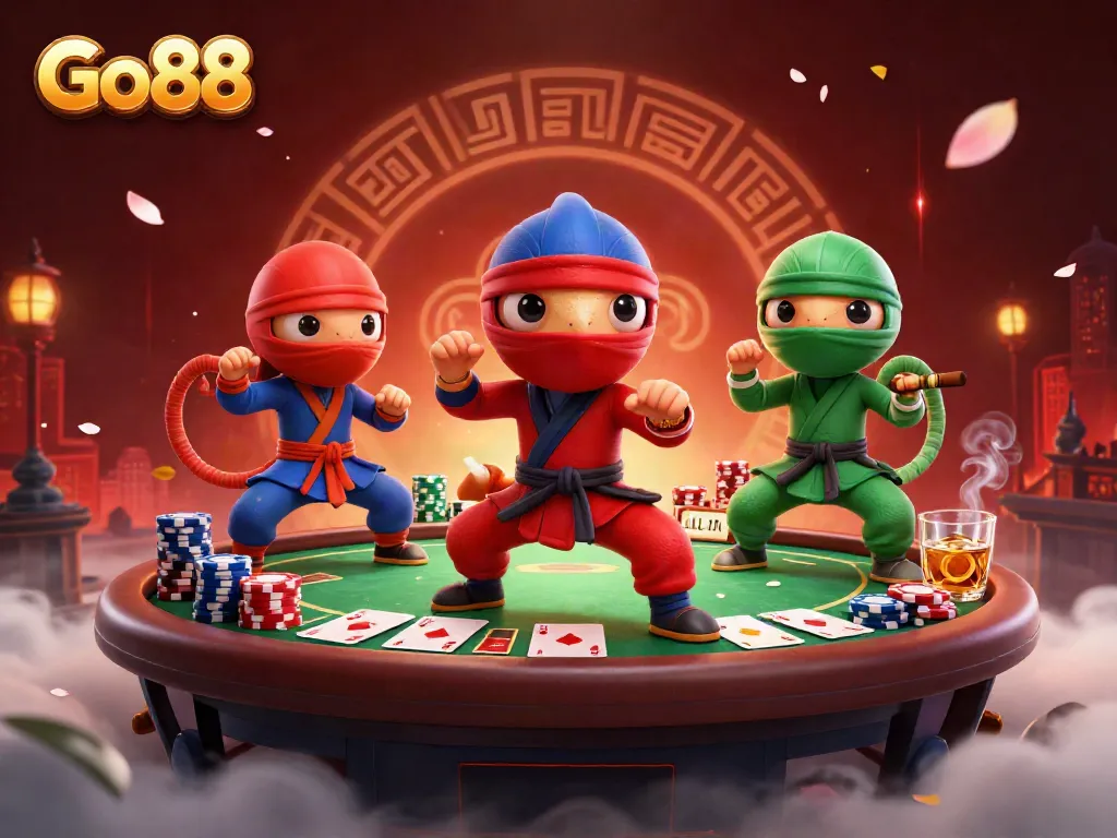 Enjoy poker action with Go88 as ninja chameleons perform on a gaming rooftop.
