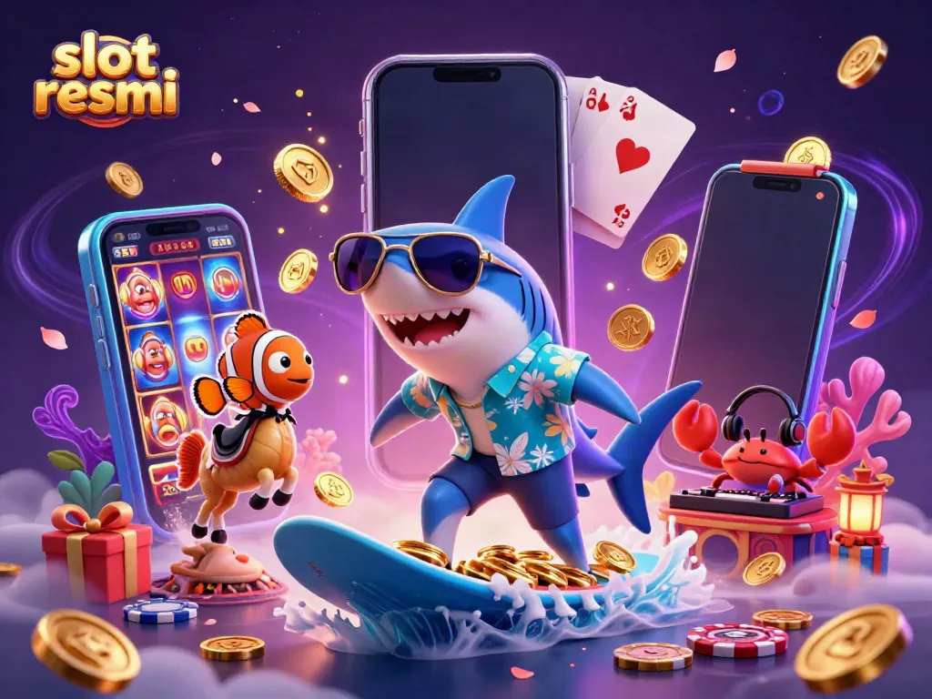 Surfing shark and clownfish celebrating wins amidst gold coins and slot games, highlighting slot resmi.