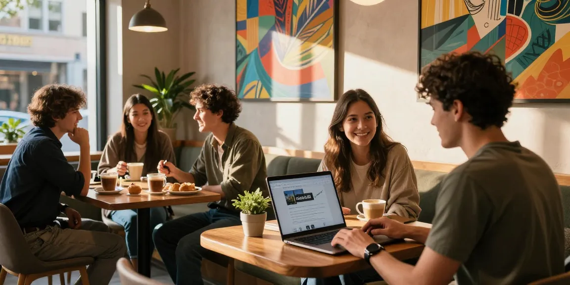 Social gathering at café featuring rokok88 platform on laptop screen.