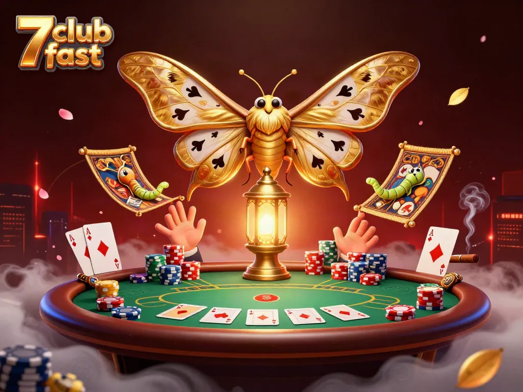 In a vibrant casino scene, the 7club fast moth reveals card suits while companions weave golden threads.