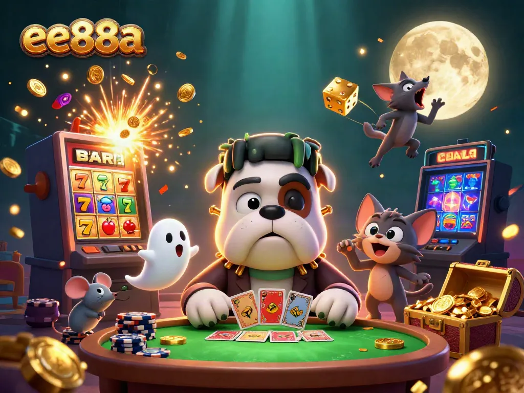 Join the fun at ee88a with a Frankenstein bulldog monster and thrilling casino elements