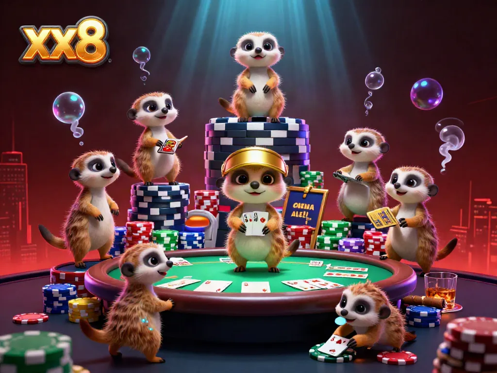 Meerkats orchestrating a vibrant casino scene for xx8 with poker elements and colorful chips.