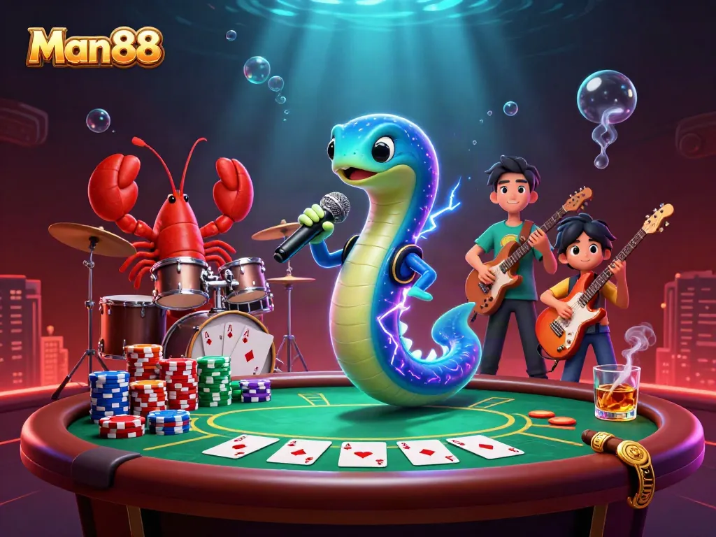 Man88 electrifies the underwater casino scene with an engaging DJ performance, complete with vibrant game elements.