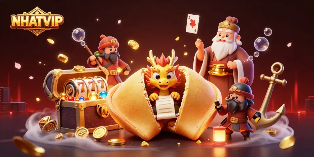 Engage in thrilling gaming adventures with NHATVIP featuring a golden fortune cookie, bright slot reels, and rich, colorful gems.