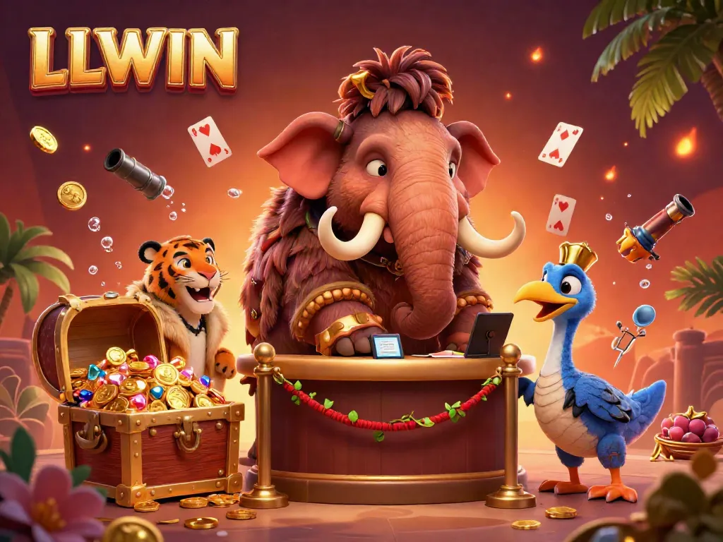Experience the vibrant LLWIN casino scene with characters and dynamic casino elements, showcasing excitement in gambling.