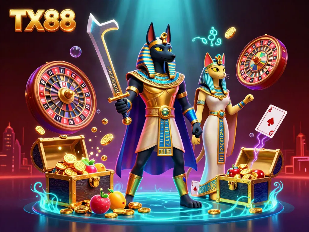 Experience high-stakes gambling action at TX88 with dynamic slots, vibrant roulette, and gold coins.