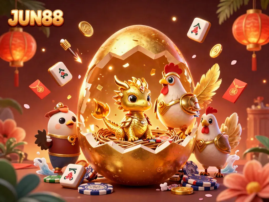 Experience thrilling gaming at JUN88 with a dazzling scene of luck and fortune featuring golden dragon and chips.