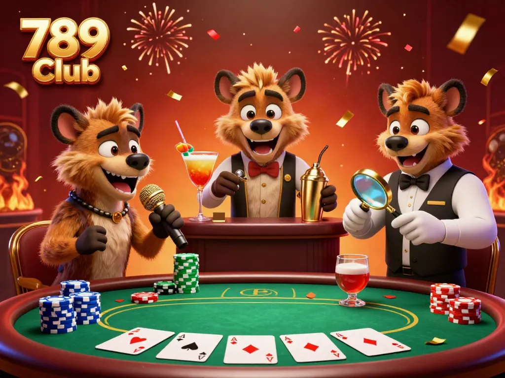 Experience the excitement at 789 Club, where hyenas entertain as a comedian, bartender, and bouncer amidst colorful casino action.