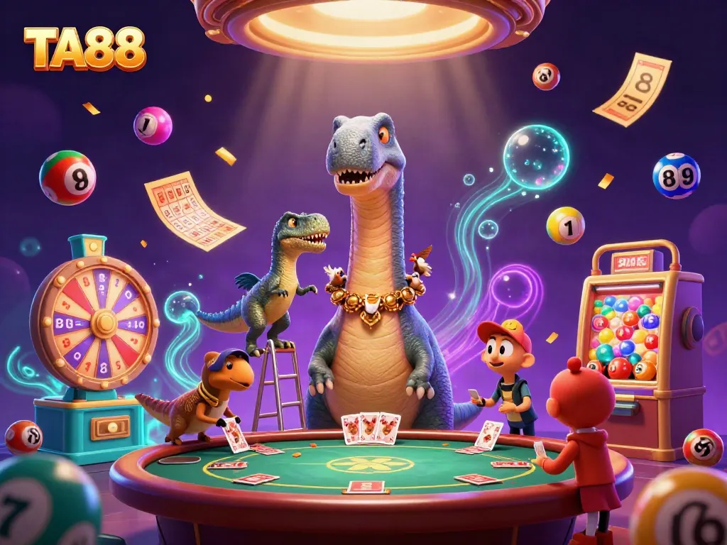 TA88 casino scene featuring a tall dinosaur, card dealing raptor, and vibrant lottery elements.