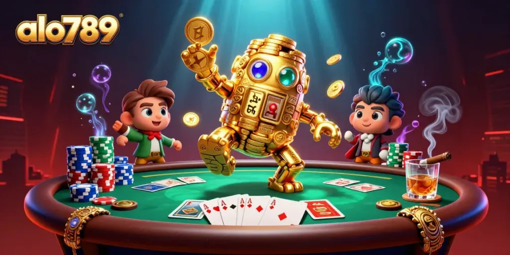 Experience exciting gameplay with alo789, featuring a stacked golden golem and poker elements in a dynamic casino scene.
