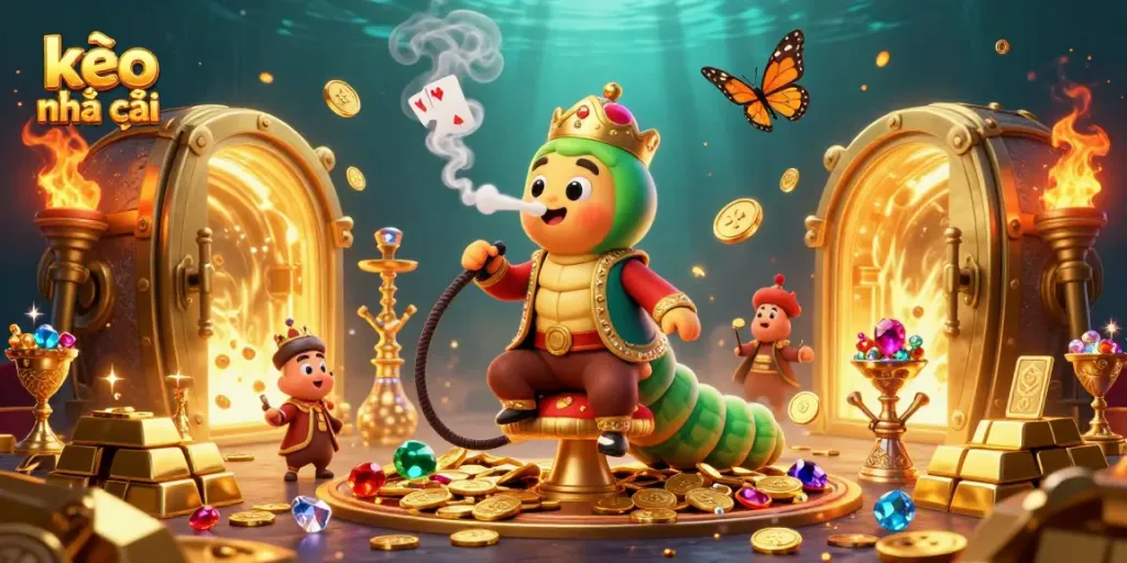 Experience kèo nhà cái with a vibrant 3D illustration featuring a whimsical caterpillar hookah-master in a casino setting.