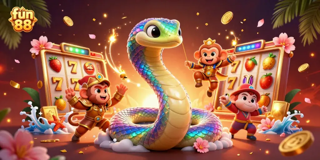 Celebrate wins with fun 88 in a vibrant 3D casino scene featuring dynamic slot elements.