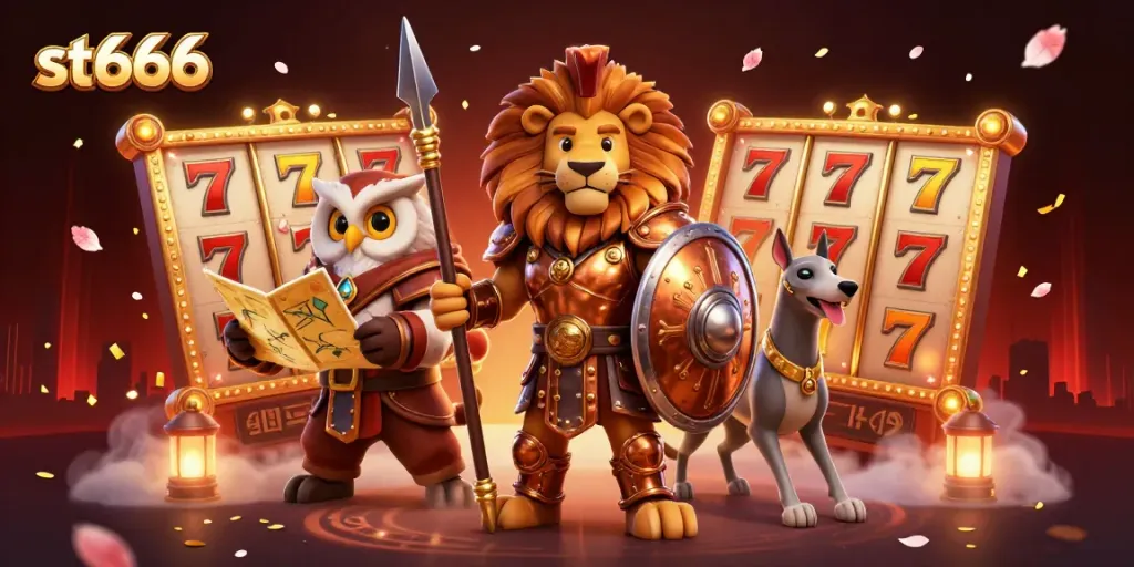 Spin the jackpot at ST666 with a thrilling 3D casino scene featuring vibrant characters and slot reels.