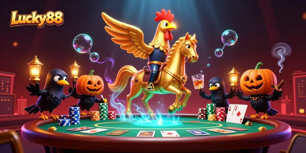 Experience thrilling Lucky88 adventures with a golden rooster and gaming elements in a vibrant casino.