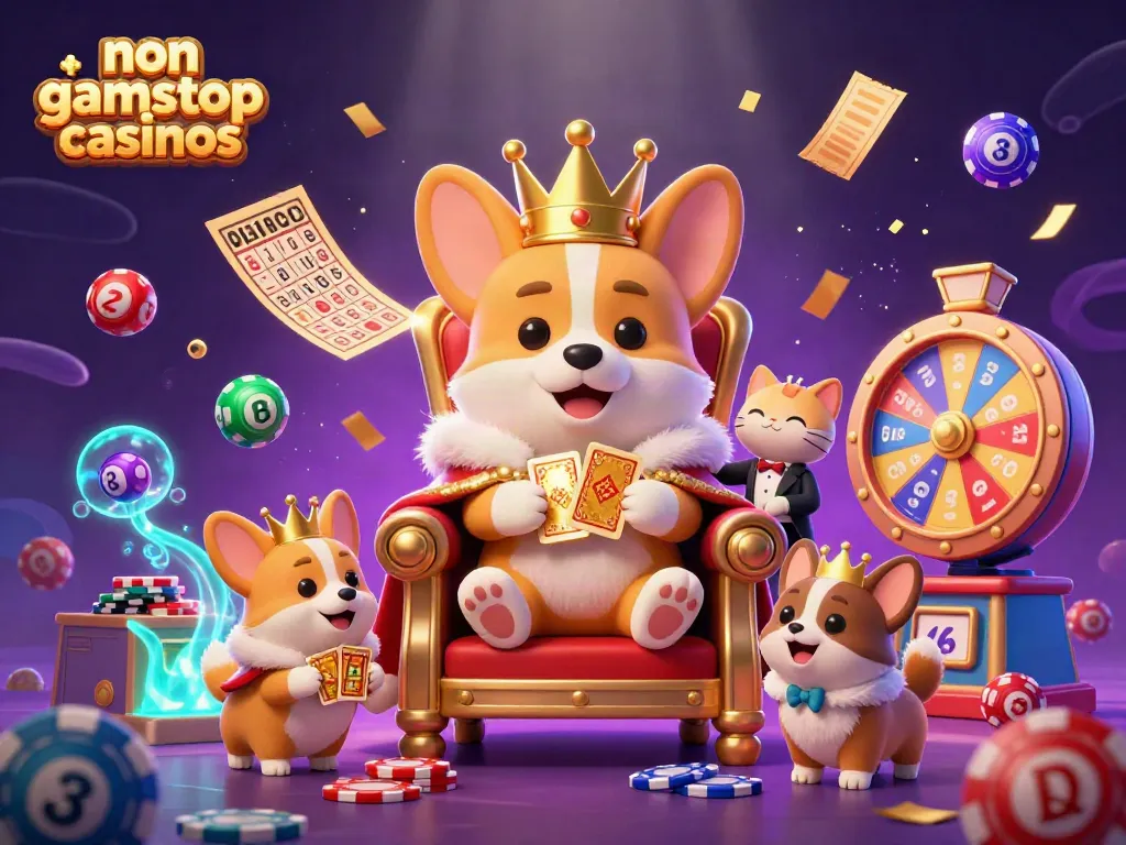 Engage with non gamstop casinos featuring a royal corgi in a vibrant casino scene with colorful lottery balls.