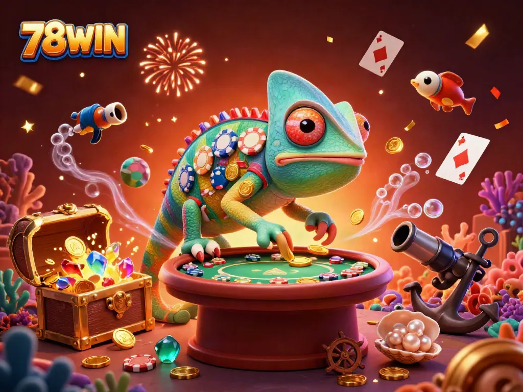 Experience the vibrant world of 78WIN with the colorful chameleon casino owner, capturing golden coins and game excitement.