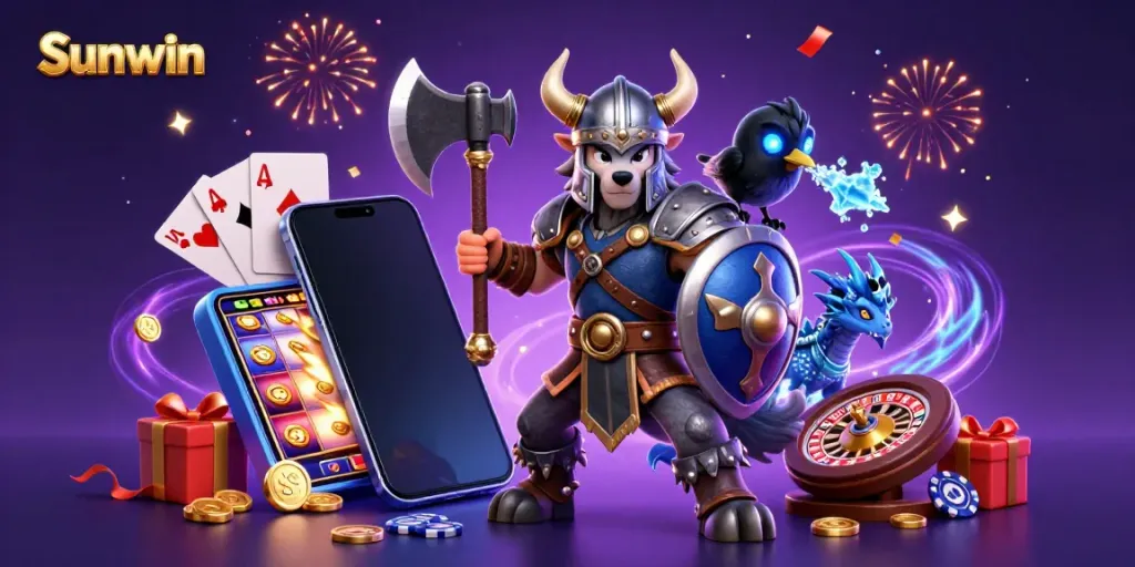 Engage in thrilling slot action with Sunwin's Viking warrior, dragon, and vibrant casino elements.