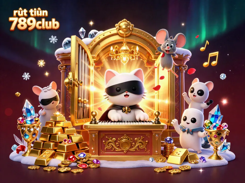 Engage with rút tiền 789club showcasing a fantasy casino world with treasures and acrobatic characters.