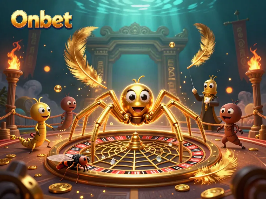 Onbet roulette-themed illustration featuring a golden spider and centipede croupier amidst vibrant casino elements.