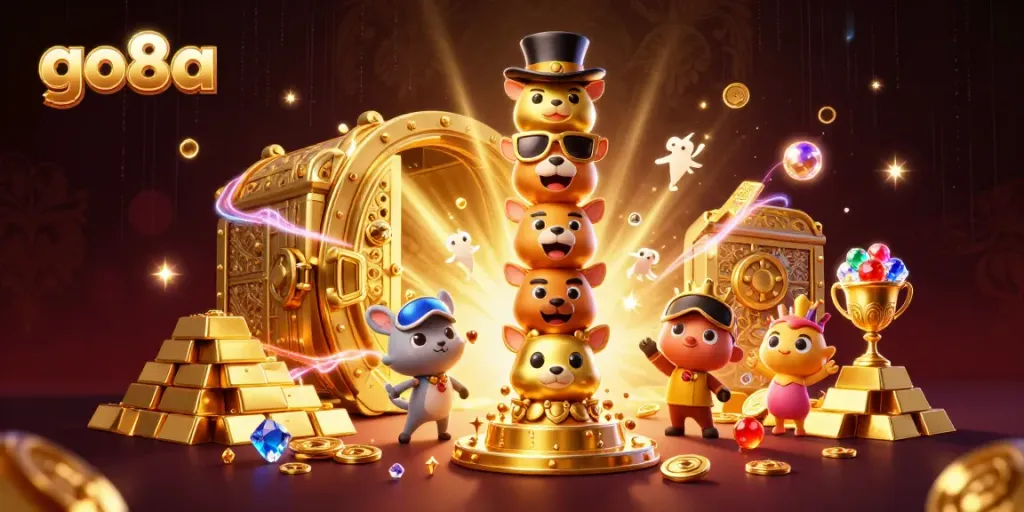 Engage with go8a's vibrant casino atmosphere featuring a golden totem and treasures.