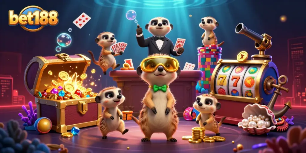 Experience the excitement of bet188 with playful meerkats running a vibrant casino.