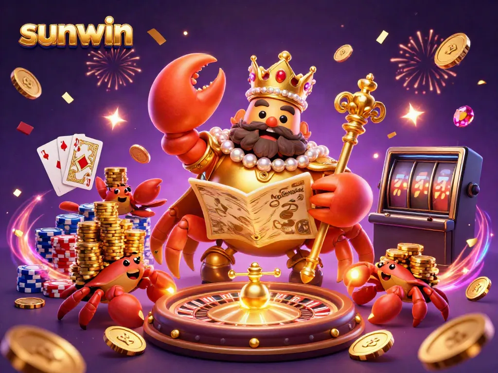 Experience thrilling wins at sunwin with a lavish casino scene featuring a grand crab emperor and treasure.