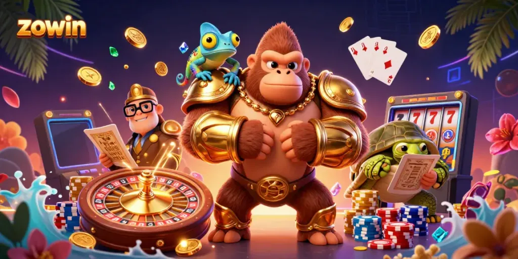 Zowin delivers dynamic casino experiences with 3D characters, golden coins, and vibrant gaming symbols.