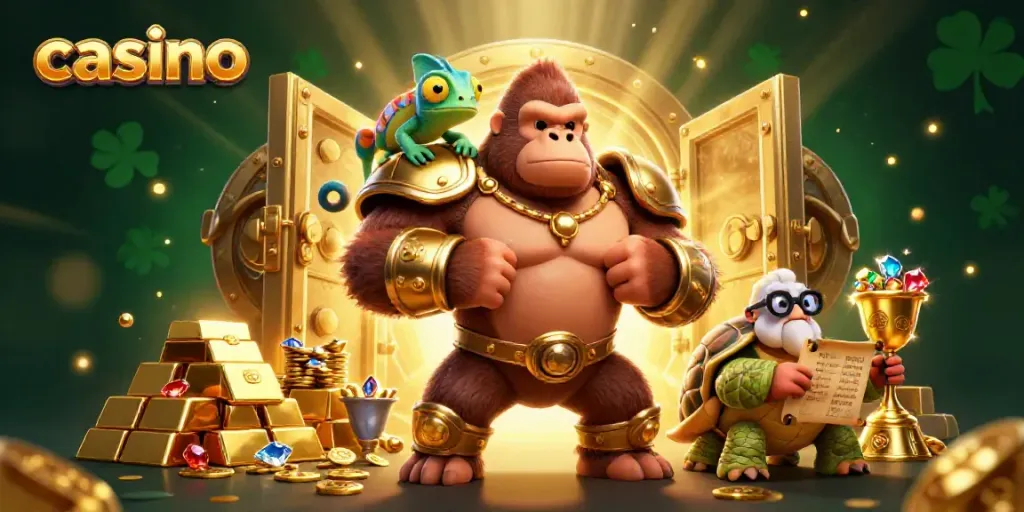 Experience the excitement of a vibrant casino scene with epic characters and treasure.