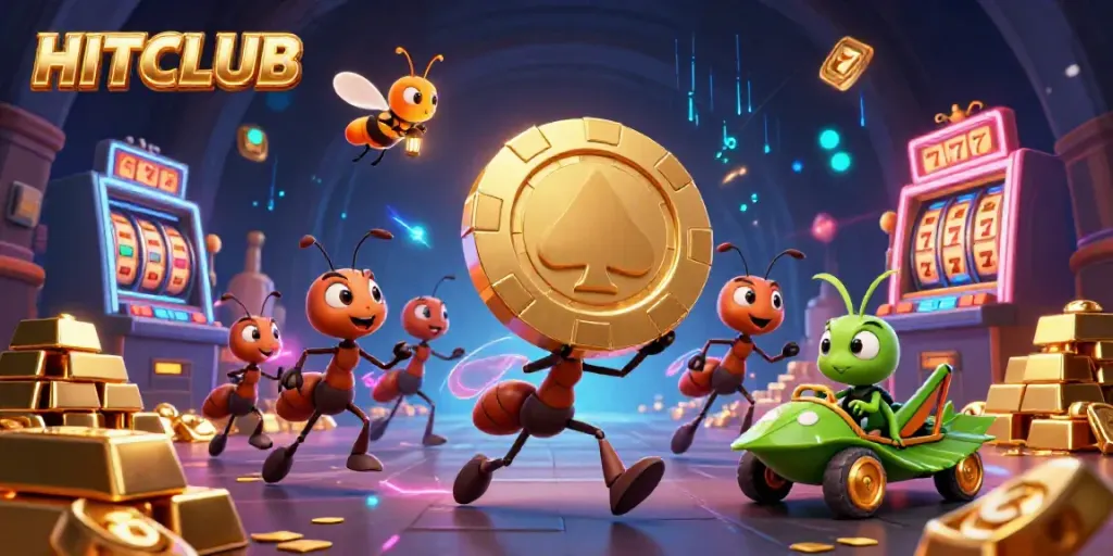 HITCLUB ants heist scene capturing a golden poker chip amidst slot reels and sparkling treasures.