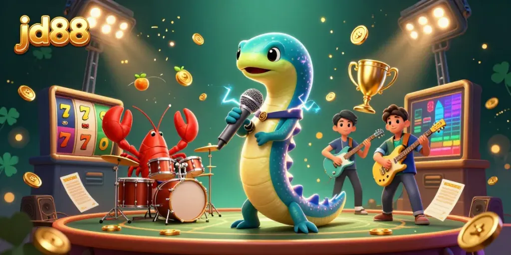 Experience the thrill of jd88 with an electric eel DJ and vibrant casino elements in a dynamic scene.