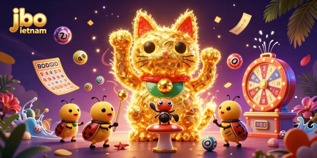 Experience thrilling gaming with jbo vietnam in a vibrant 3D casino scene featuring lucky cat symbols.