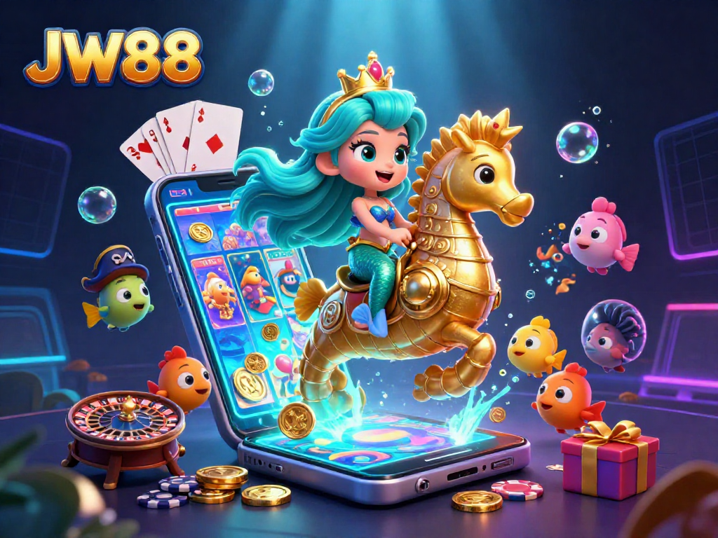 Experience winning gameplay at JW88 with a mermaid princess and seahorse, surrounded by magical slot elements.